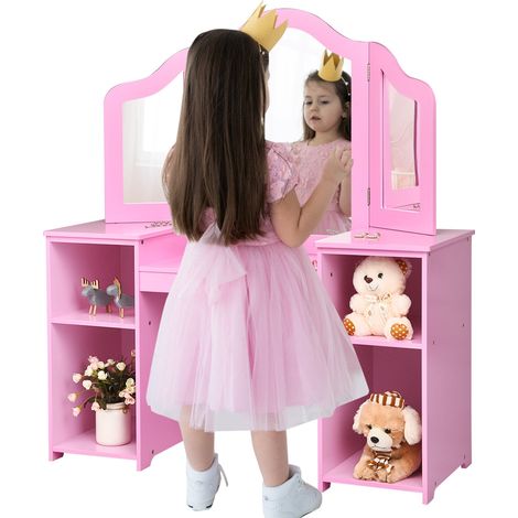 Tocador/escritorio infantil 2 en 1 con espejo extraíble 107 x 40 x 117 cm amplio espacio de almacenamiento MDF rosa moderno 200009856
