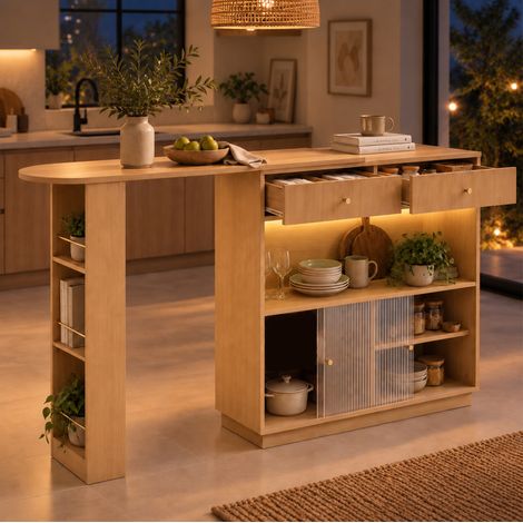 Îlot bar pivotant 183x30x100 cm en panneaux de particules chêne, rangement pratique – MEUBLIV (1/5)
