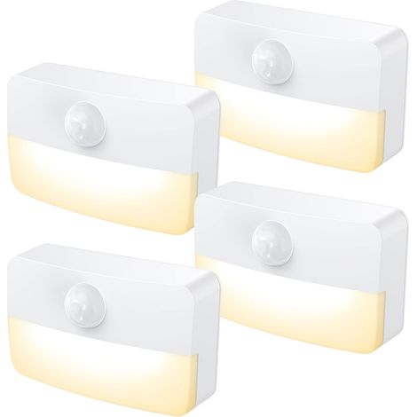 Lot de 4 lampes d'escalier à détecteur de mouvement pour intérieur, éclairage de placard à piles, lampe de couloir sans fil, blanc chaud (1/5)