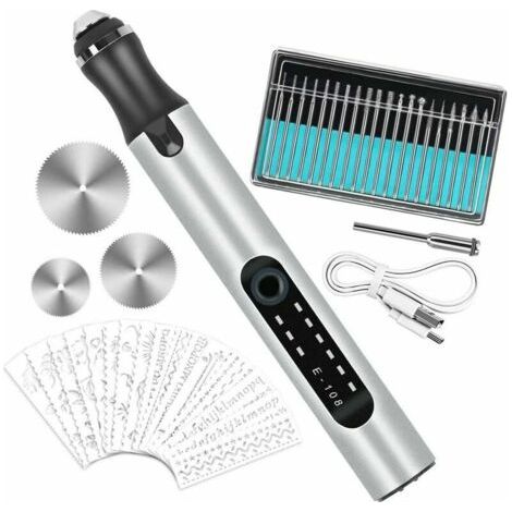 Stylo à gravure électrique multifonctionnel, outil de gravure mini - stylo à gravure rechargeable USB, avec 20 forets et 16 gabarits pour bricolage bijoux métal verre pierre plastique bois (1/3)