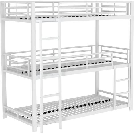 Dreier-Etagenbett 3 Plätze aus Metall mit Leiter und Schutzgittern, 90 × 200 cm, ohne Matratze, Weiß (1/5)