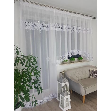 Juego de cortinas para balcón color blanco sable con encaje guipur 300x160 cm + 140x250 cm (1/5)