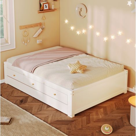 Letto estraibile 90x200 cm in MDF e legno bianco, 3 cassetti, salvaspazio, senza materassi – MEUBLIV (1/5)
