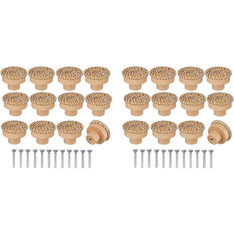 Poignées de coiffeuse en rotin de style bohème, poignées de tiroir rondes en bois, tissées à la main, avec vis, compatibles avec les meubles de style bohème, 24 pièces par paquet. (1/5)