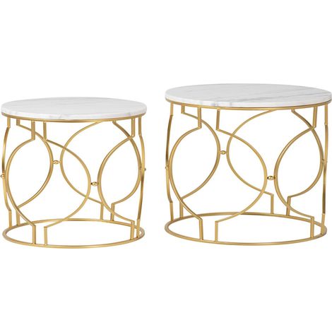 Set 2 Mesas Metal Marmol 60X60X41 50X50X38 Cm
