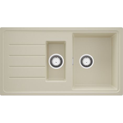 PRIMAGRAN Evier Cuisine en Granit 90x50cm,Lavabo 1,5 bacs + Kit de Vidage, Évier à Encastrer au meuble 60cm - Copenhague Duo, Beige (1/5)