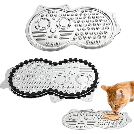 Tapis anti-léchage en acier inoxydable pour chat avec ventouses - 38 cm × 25 cm - Antidérapant - Forme de chat mignonne - Robuste et durable - Soulage l'anxiété et l'ennui (1/5)