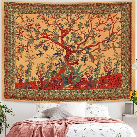 CCYKXA Tapisserie Arbre de Vie, Tapisserie Esthétique de la Jungle, Mandala Indien, Tenture Murale, Teinture Par Noeuds, Décoration Murale pour Chambre à Coucher, Salon, 130 x 150 cm (Gelb)