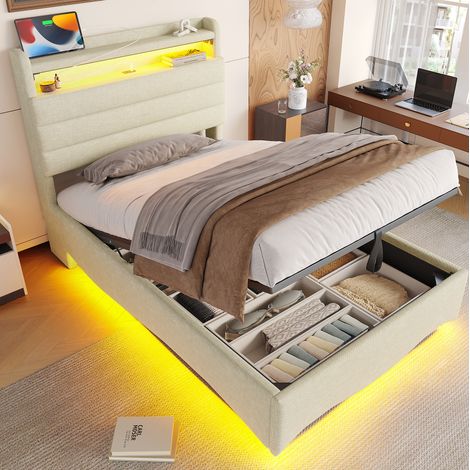 Letto 90x200 cm beige con LED, contenitore idraulico, senza materasso (1/5)