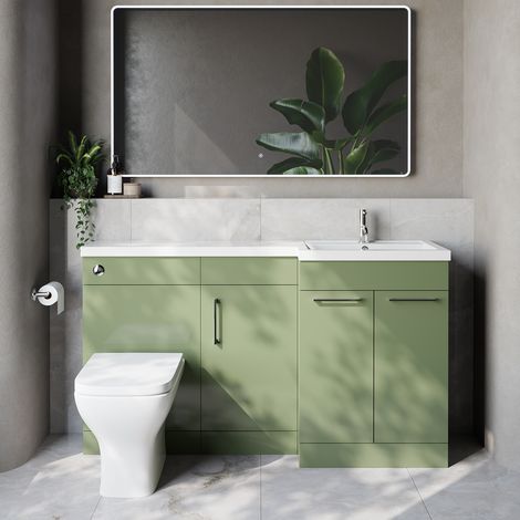 Napoli 390 Olive Green 1500mm 3 Door Vanity Unit Toilet Suite with Right Hand Square Lucia Basin - 1500mm - Chrome 160mm HandleWith Kingston Toilet Pan and Seat