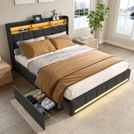 Lit double 140x190 cm en lin gris, Lit 2 places, Lit 140x190 cm avec 4 tiroirs de rangement, LED réglable, ports USB & Type-C, Structure robuste 300kg (1/5)
