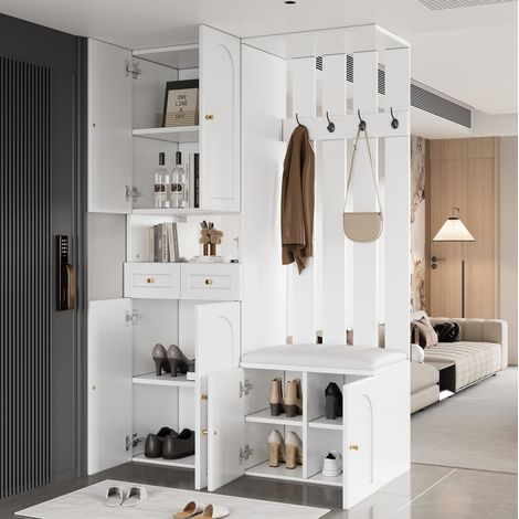 Meuble d'entrée 110x37x180 cm, avec banc, rangement à chaussures, 6 portes, 2 tiroirs et 4 crochets, blanc (1/5)