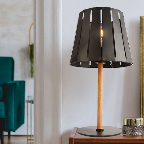 Tischleuchte Tischlampe schwarz Leseleuchte Schlafzimmer Holzoptik 1 Flammig, Metall, 1x E27 Fassung, DxH 25x45 cm