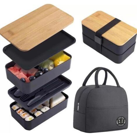 Bento Lunch Box 2 Couches Boite Repas Compartiment 1200 ml Lunchbox Hermétique avec Couverts Kit et Sac Isotherme Repas Boite Bento pour Adultes Enfants Pique-Niques Travail L'école (Noir) (1/5)