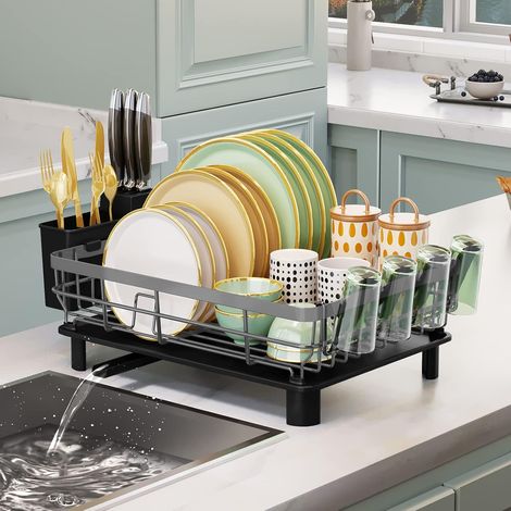 Egouttoir Vaisselle sur Evier Égouttoir à Gris en Metal Dish Rack avec Plateau Drainer Porte Couverts et Tasse (Gris, Grand) Grand'Gris Grand'Gris'Grand