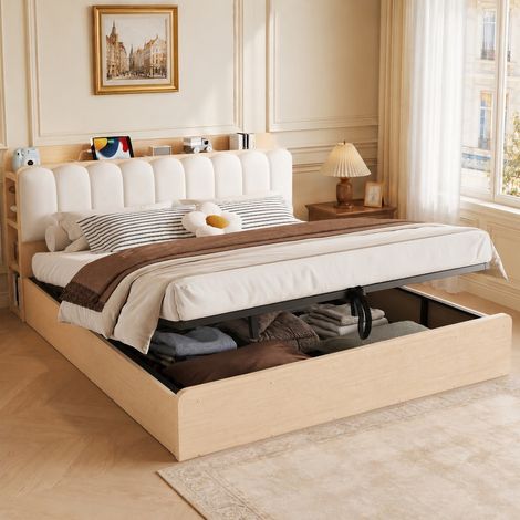 Lit double 180×200 cm en bois, sommier hydraulique avec rangement, tête de lit rembourrée étagère, port USB, coloris bois (sans Matelas) (1/5)