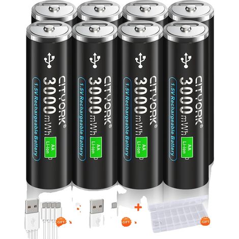Pilas recargables de litio AA, carga mediante USB tipo C, capacidad de 3000 mWh, paquete de 8 unidades. (1/2)