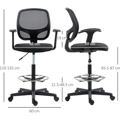 Fauteuil de travail ergonomique noir, siège rotatif inclinable avec repose-pieds ajustable, portance 120 kg, dimensions 60 x 56 x 110-132 cm, idéal pour bureau, dessin ou télétravail. (1/4)