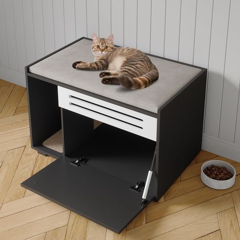 Armoire cache bac à litière pour chat vaste et ventilée – Table de chevet bois moderne, maison discrète, rangement hygiénique – Porte abattante – Noir