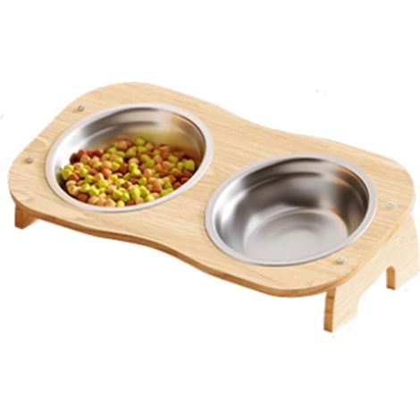 Cat Bowls, Stainless Steel + Wood, 15° Tilted Stand, Cat Bowls for Food and Water, Non-Slip Bottom, for Cats and Puppies(36 18 9.4cm) (1/5)