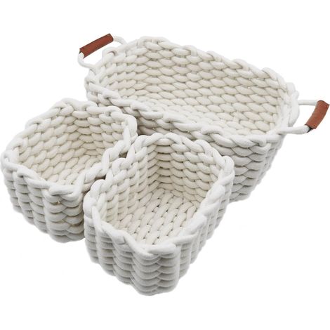 Juego de 3 cestas rectangulares de algodón natural – decorativas para la habitación del bebé, salón, dormitorio, color blanco.