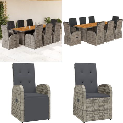 9-tlg. Garten-Essgruppe mit Kissen Grau Poly Rattan - Garten Möbel - Outdoor Essbereich - Gartenset - Esstisch Set - Lounge Gruppe - Home & Living