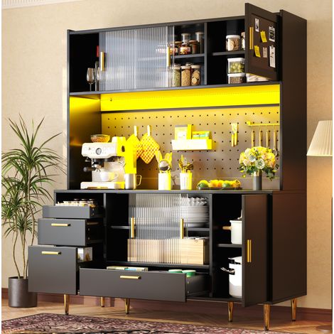 Buffet 140x40x180 cm en MDF noir, avec rangement LED pour cuisine et salle à manger FloraGrace (1/5)