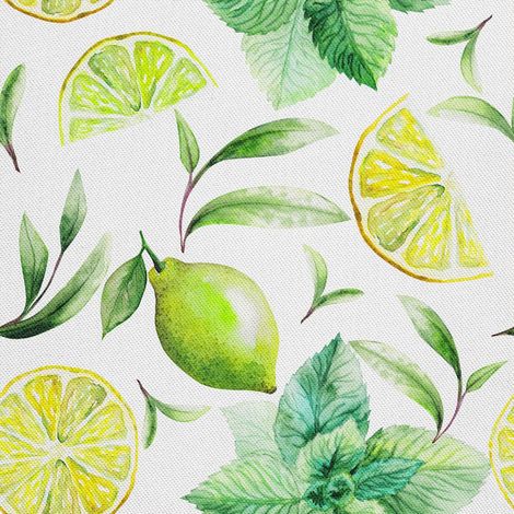 Tela decorativa para exteriores Oxford con estampado de hojas de té y limón. (1/5)