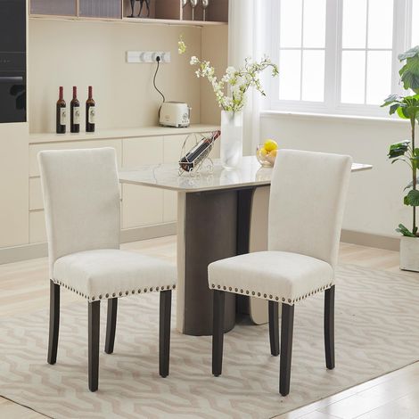 Chaises de salle à manger sans accoudoirs – Lin beige dossier haut – Assise rembourrée passepoil clouté – Pieds en bois massif – 58x46x94 cm (1/5)