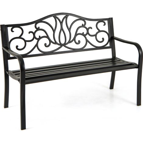 Banc de jardin extérieur métallique noir 127 cm dossier motif floral, siège à lattes, accueil 2 à 3 personnes pour terrasse et cour (1/5)