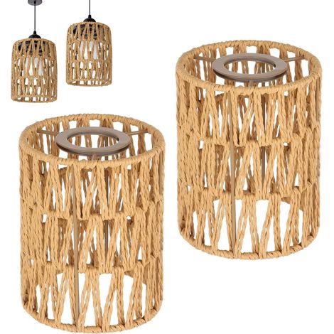 Lot de 2 abat-jour cylindriques style rotin au look bohème, abat-jour en papier pour suspensions d'extérieur (1/5)