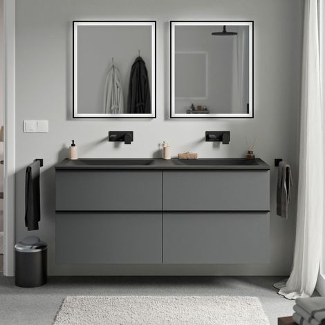 BERNSTEIN - Mueble lavabo suspendido MDF Antracita mate, lavabo fundición sin orificio grifería ni tirador Negro mate 140x46x62cm LAVOA antracita mate, Negro mate, Negro mate sin orificio para griferí (1/5)