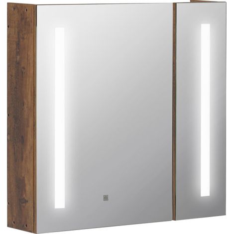 Pour Votre Quotidien Rangement Pratique Armoire Miroir Salle de Bain avec Éclairage LED Réglable 2 Portes Marron 70x15x65cm (1/5)