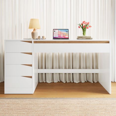 Bureau 140x50 cm, 5 tiroirs, finition chêne/blanc, poste de travail moderne à grand plateau, coiffeuse avec rangement, meuble pour bureau à domicile, chambre ou espace pro. (1/5)
