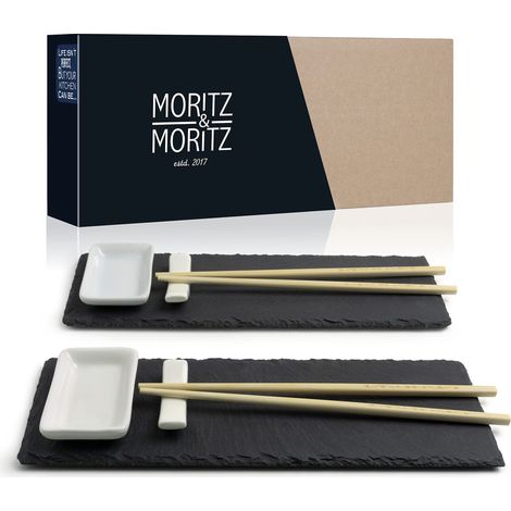 2 x Service Sushi - Sushi Plateau avec Baguettes Banc de Rangement Bols à dips - ardoise assiette rectangulaire pour 2 Personnes - vaisselle japonaise (1/5)