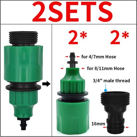 (KSL01-KIT201-2PCS-1/4'') Adaptateur de raccordement rapide (2 pièces) avec connecteur à barbes de 1/4" (diamètre intérieur 4 mm) ou 3/8" (8 mm) pour l'irrigation, l'arrosage de jardin et les serres. (1/5)