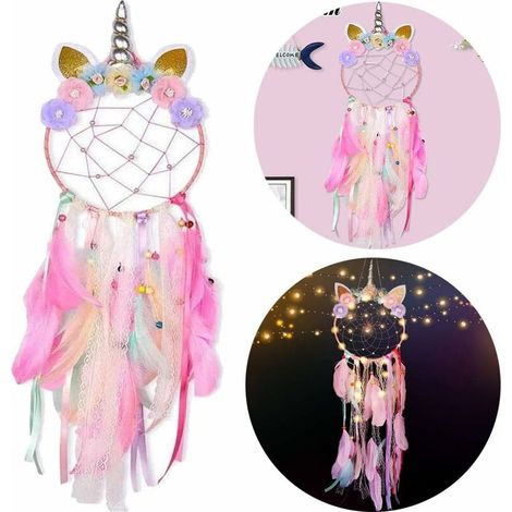 Unicorn Dream Catcher Handmade Wall Hanging Dreamcatcher with Colourful Feathers and Flowers for Unicorn Themed Party Baby Shower Girls Kids Nursery Bedroom Wall Decor Blessing (1/5)