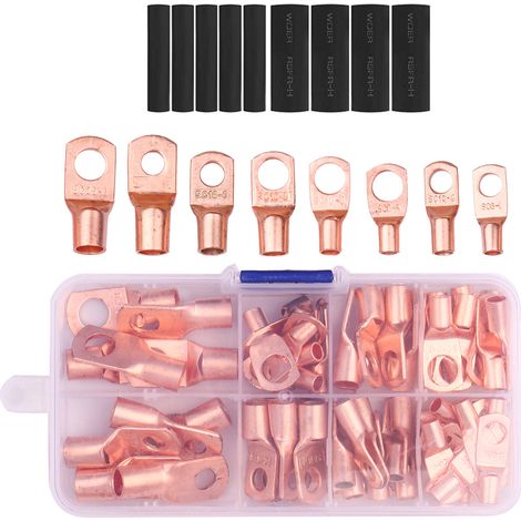 cosse a sertir-Kit de cosses de raccordement assorties pour fils - 125 pièces (65 cosses à anneau cuivre + 60 tubes thermorétractables) - Pour véhicules, bateaux et applications marines (1/3)