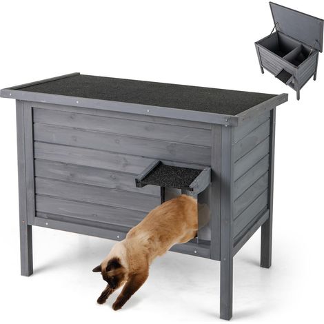 Niche pour Chat pour l'hiver - en Bois - avec Isolation en Mousse et Toit et Porte en PVC et cloison - 88 x 55 x 69 cm - Gris (1/5)