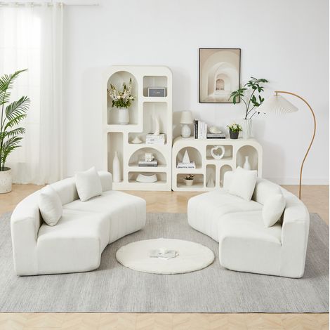 Modulares gebogenes Chenillesofa in Beige mit 2 Kissen, montagefrei, OKWISH