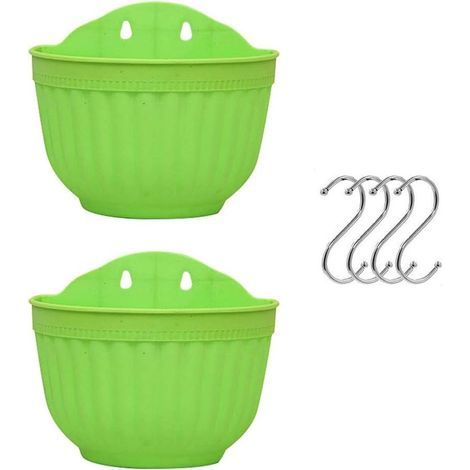 Lot de 2 pots de fleurs à suspendre en plastique pour balcon, clôture, pot de fleurs mural avec drainage et 4 crochets (vert + vert) (1/5)