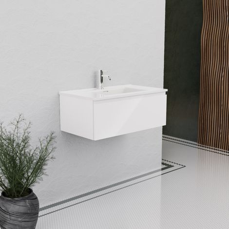 Inda - Badezimmerschrank B.80 mit glänzendem Waschbecken / Hochglanzweiß 1 Schublade - Rubin (1/5)