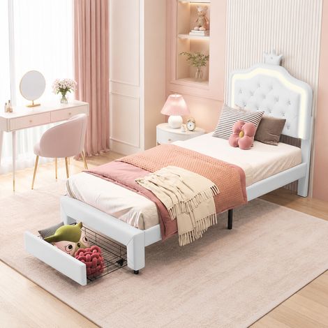 Lit capitonné 90×200cm avec lumière LED, lit princesse avec 1 tiroir de rangement, lit princesse avec tête de lit réglable, lit fille, style moderne, sommier à lattes, PU, ​​Beige (1/5)
