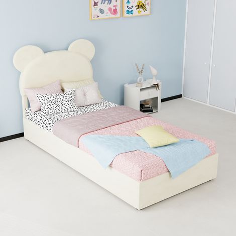 Bett gepolstert 90x200 cm Beige, Cartoon-Kopfteil, Metallrahmen mit pneumatischem Stauraum (1/5)