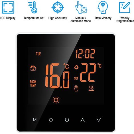 Termostato inteligente programable (semanal), pantalla táctil LCD, calefacción eléctrica por suelo radiante de 16 A. (1/5)