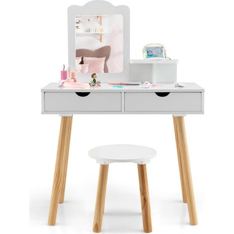 Goplus – Coiffeuse enfant 2 en 1 avec miroir amovible – Tabouret confortable – 2 tiroirs et étagère – Construction en pin massif et MDF – 70 x 34 x 100 cm (1/4)