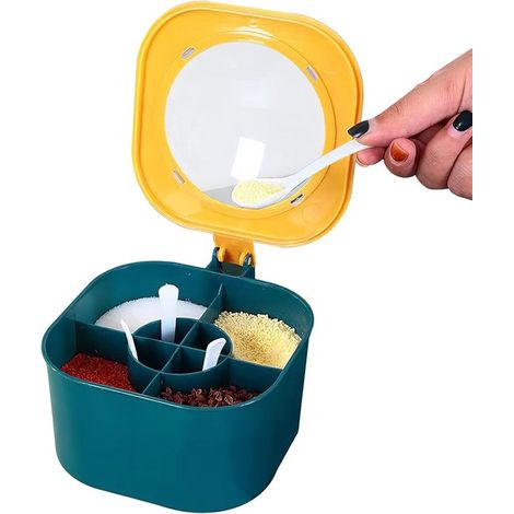 Gewürzbox mit Deckel und 4 Löffeln Große Gewürzbox mit 4 Fächern Gewürzbox mit Griff Gewürzbox Gewürzglas für Kräuter, Salz, Zucker, Pfeffer und (1/5)