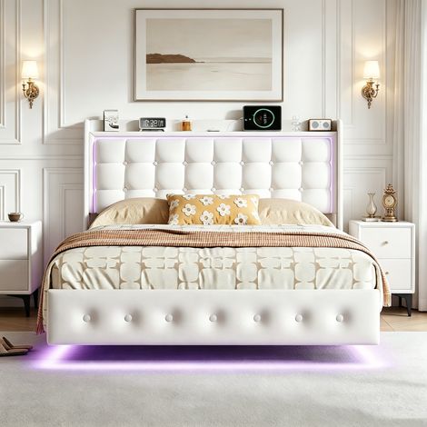 Lit adulte flottant 140 x 200 cm, Éclairage LED ajustable, 2 prises USB intégrées, Lit Double Capitonné en velours pour Chambre à Coucher (1/5)