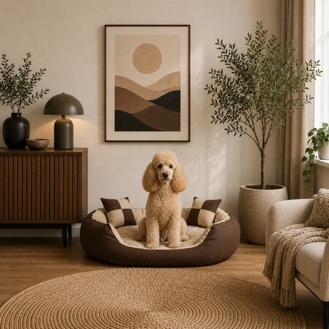 belviona 4-in-1 Hundebett, Hundekörbchen mit Wendekissen, wasserabweisend, tiefer Einstieg & 2 Spielkissen, 85x70 cm, braun/beige (1/5)