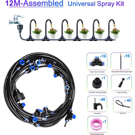 Kit de pulvérisation universel flexible (assemblé, 12 m) avec buses réglables en cuivre jaune de 20 cm pour l'irrigation de pelouses et de jardins (brumisateur d'eau) (1/5)